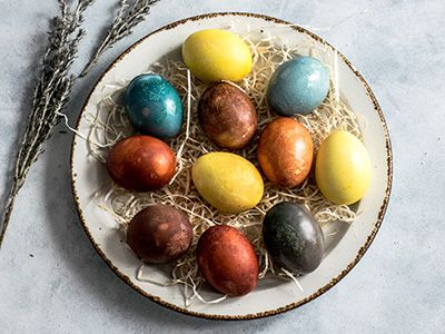 Neun bunte, gefärbte Ostereier in verschiedenen Farben wie Blau, Gelb und Rot-Braun liegen auf einem hellen Teller mit Stroh oder Holzwolle. Der Teller steht auf einem grauen Hintergrund.