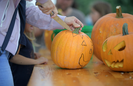 Kind schnitzt einen Kürbis mit einem Messer bei einer Bastelaktion, weitere Kürbisse auf dem Tisch.