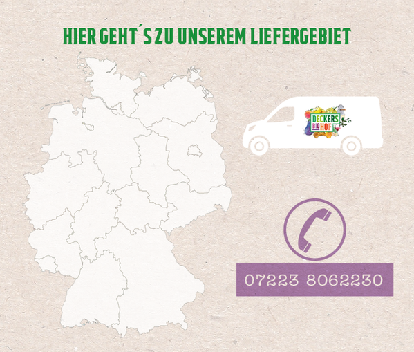 Grafik einer Deutschlandkarte mit einem weißen Lieferwagen mit „Deckers Bio Hof“-Logo und einer violetten Telefon-Ikone mit Telefonnummer 07223 8062230. Darüber steht der Text: „Hier geht's zu unserem Liefergebiet