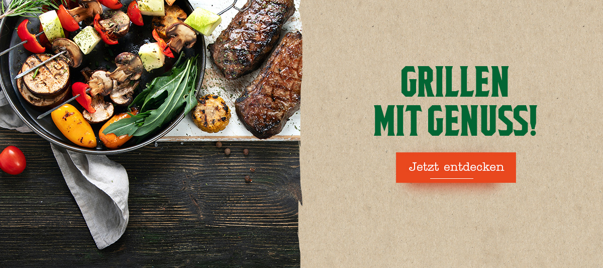 KI generiert: Grillgerichte mit Gemüse und Fleisch. Text: "GRILLEN MIT GENUSS! Jetzt entdecken".