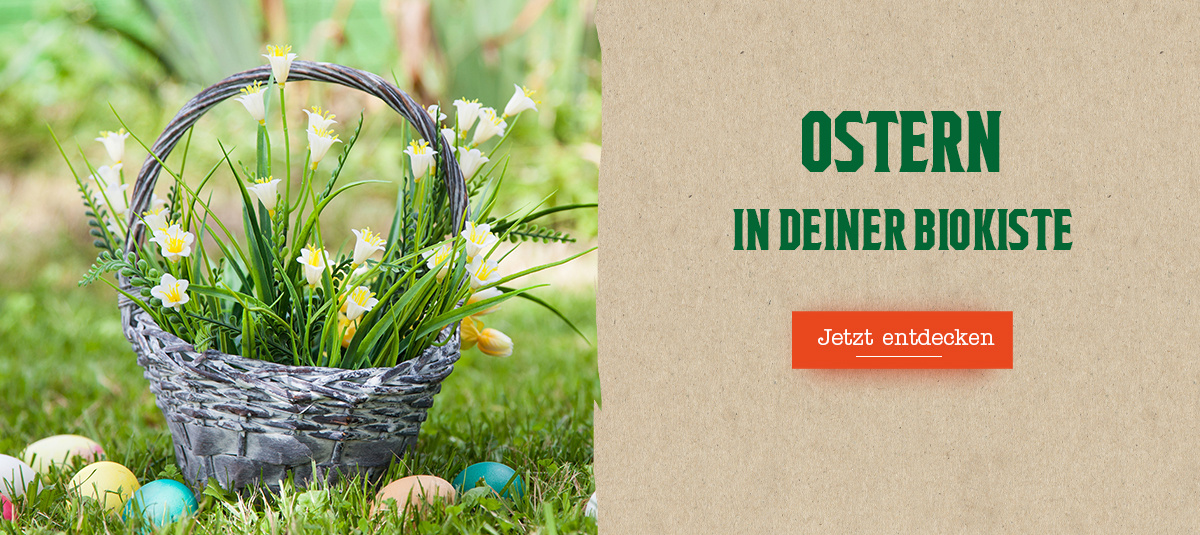 KI generiert: Osterkorb mit Blumen auf Gras. Text: "OSTERN IN DEINER BIOKISTE. Jetzt entdecken".