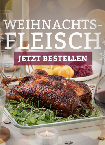KI generiert: Ein gebratenes Geflügel auf einem Tisch mit dem Text "WEIHNACHTS-FLEISCH JETZT BESTELLEN".