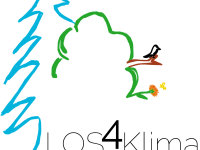 Eine stilisierte, handgezeichnete Illustration. Links ist eine abstrakte, blaue Form, die an einen Baum erinnert. Rechts ist eine grüne Baumkrone mit einem kleinen schwarzen Vogel auf einem Ast und einer gelben Blüte zu sehen. Darunter steht der Text "LOS4klima".