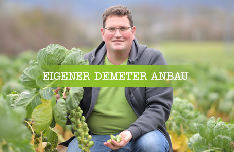 Ein Mann steht inmitten eines Heidelbeerfeldes und hält eine Schale voller frisch geernteter Heidelbeeren. Überschrift "Eigener Demeter Anbau"
