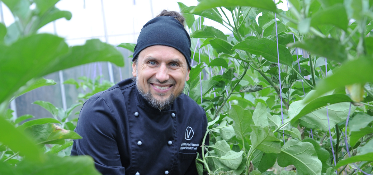 Ein Koch mit Bart und einer schwarzen Mütze steht lächelnd in einem Gewächshaus zwischen hohen, grünen Pflanzenreihen. Er trägt eine schwarze Kochjacke mit einem Logo auf der Brust und blickt direkt in die Kamera.