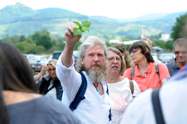 Ein Mann mit grauem Bart und langen Haaren hält ein grünes Blatt hoch und erklärt es einer Gruppe von Menschen, die ihm auf einem Feld oder Parkplatz zuhören. Im Hintergrund sind Hügel zu sehen.