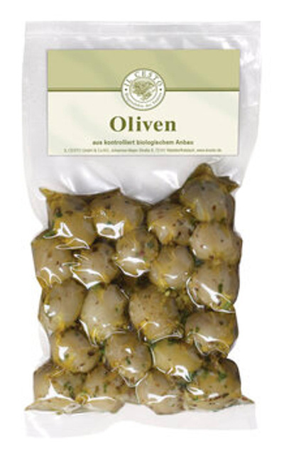 Produktfoto zu Griechische Oliven grün, mariniert und entsteint, mit Knoblauch, 175 g