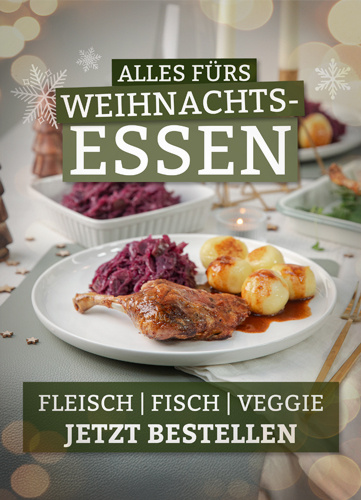 KI generiert: Ein festliches Gericht mit Rotkohl, Kartoffeln und Fleisch. Text: "Alles fürs Weihnachtsessen. Jetzt bestellen".