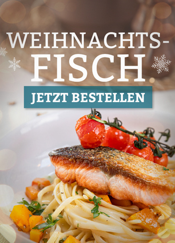 KI generiert: Ein Teller Pasta mit Lachs und Tomaten. Text: "WEIHNACHTS-FISCH JETZT BESTELLEN".