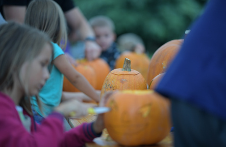 Kinder bemalen oder schnitzen Kürbisse gemeinsam an einem Tisch, mehrere Kürbisse im Vordergrund.