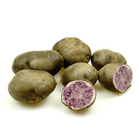 Sechs Kartoffeln, davon eine aufgeschnitten. Innen violett gemustert.