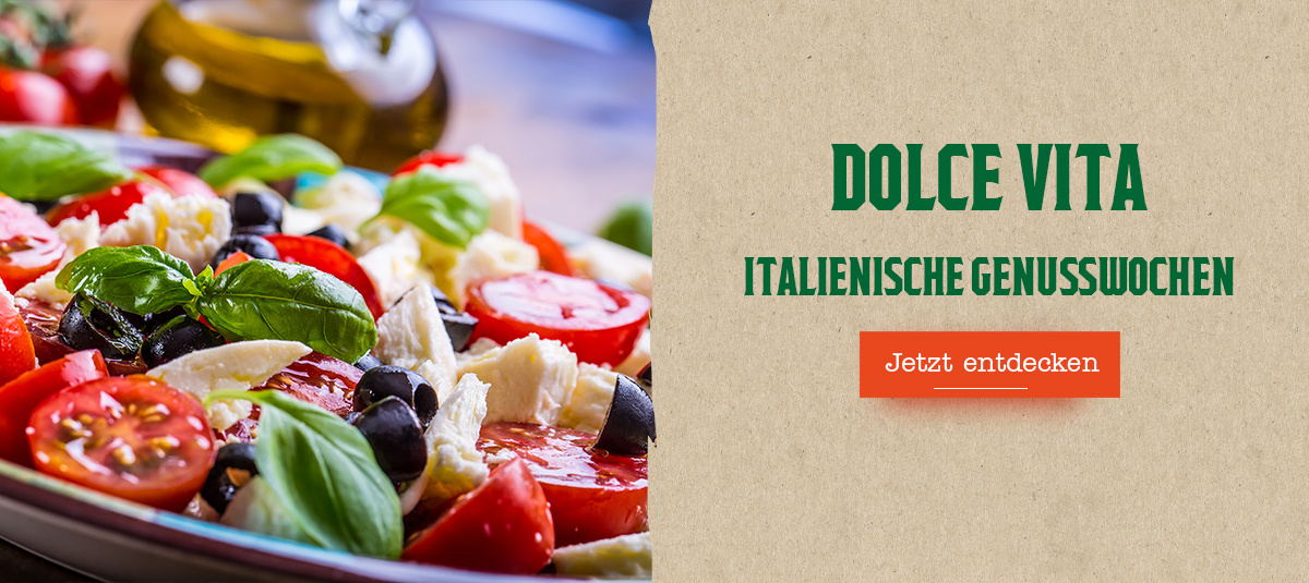 KI generiert: Ein Teller mit frischem Salat. Text: "DOLCE VITA ITALIENISCHE GENUSSWOCHEN Jetzt entdecken".