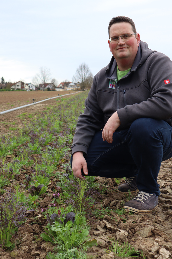 Christoph Decker in Arbeitskleidung hockt auf einem Gemüsefeld mit kleinen Pflanzen, im Hintergrund Häuser und kahle Bäume.