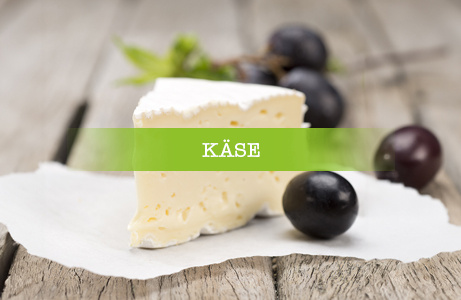 Ein Stück Weichkäse mit Oliven und Kräutern auf einem weißen Teller mit Überschrift "Käse"