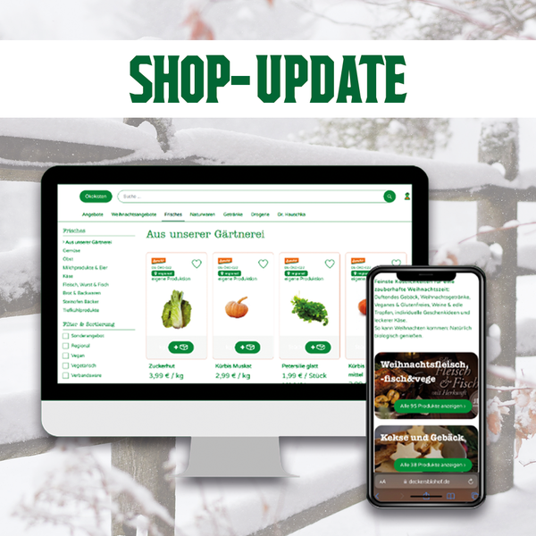 Darstellung des Online-Shops von Deckers Biohof auf einem Computerbildschirm und einem Smartphone. Auf dem Monitor sind verschiedene frische Gemüseprodukte zu sehen. Darüber steht in grüner Schrift: ‚Shop-Update‘.