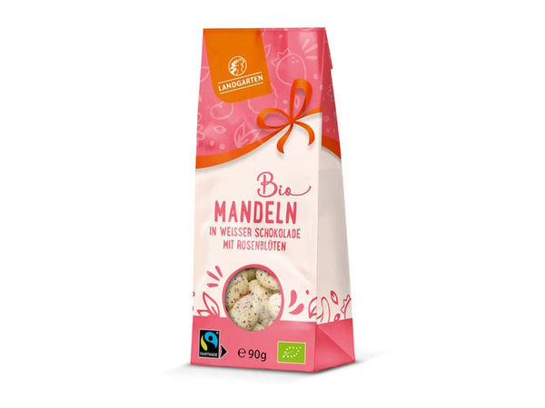 Produktfoto zu Mandeln in weißer Schokolade mit Rosenblüten, 90 g