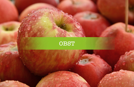 Nahaufnahme von roten Äpfeln mit Tautropfen mit Überschrift "Obst"